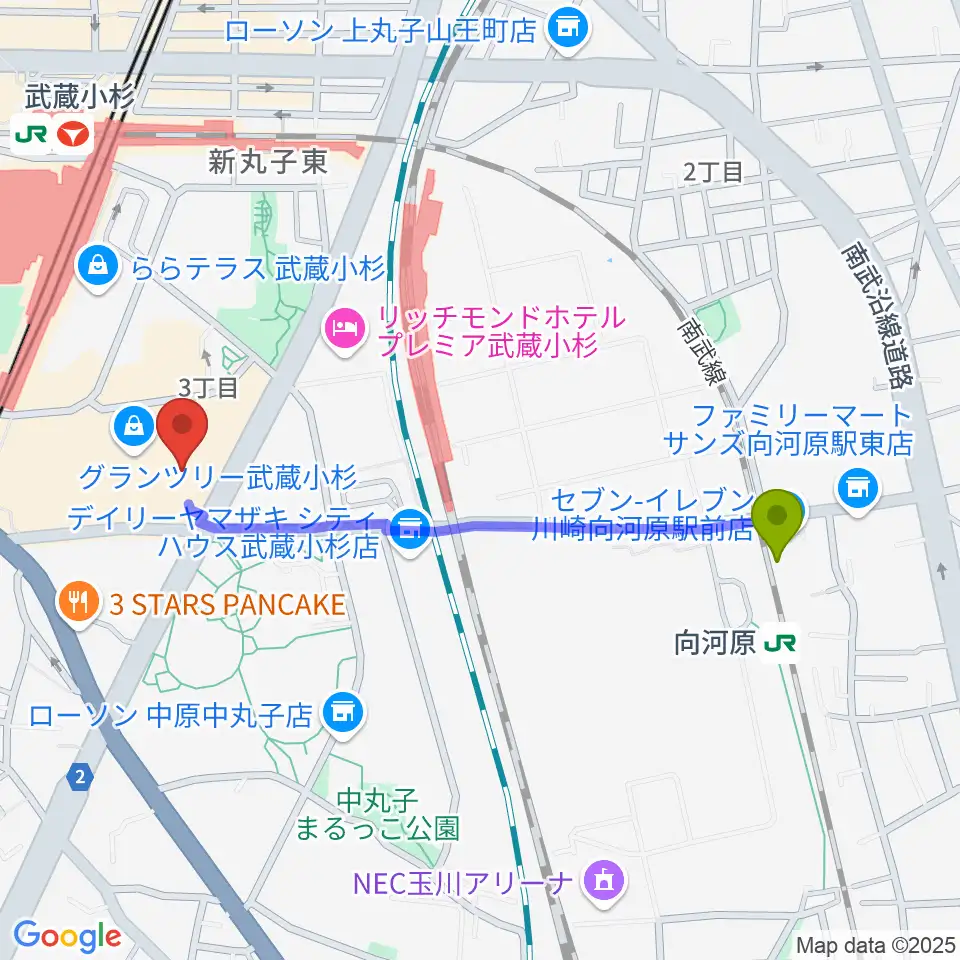 向河原駅から山野楽器 武蔵小杉店へのルートマップ地図