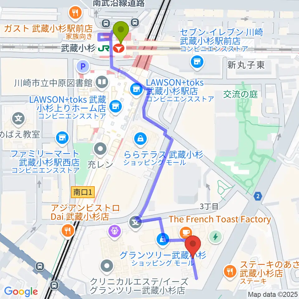 山野楽器 武蔵小杉店の最寄駅武蔵小杉駅からの徒歩ルート（約6分）地図