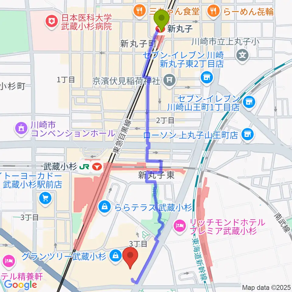 新丸子駅から山野楽器 武蔵小杉店へのルートマップ地図