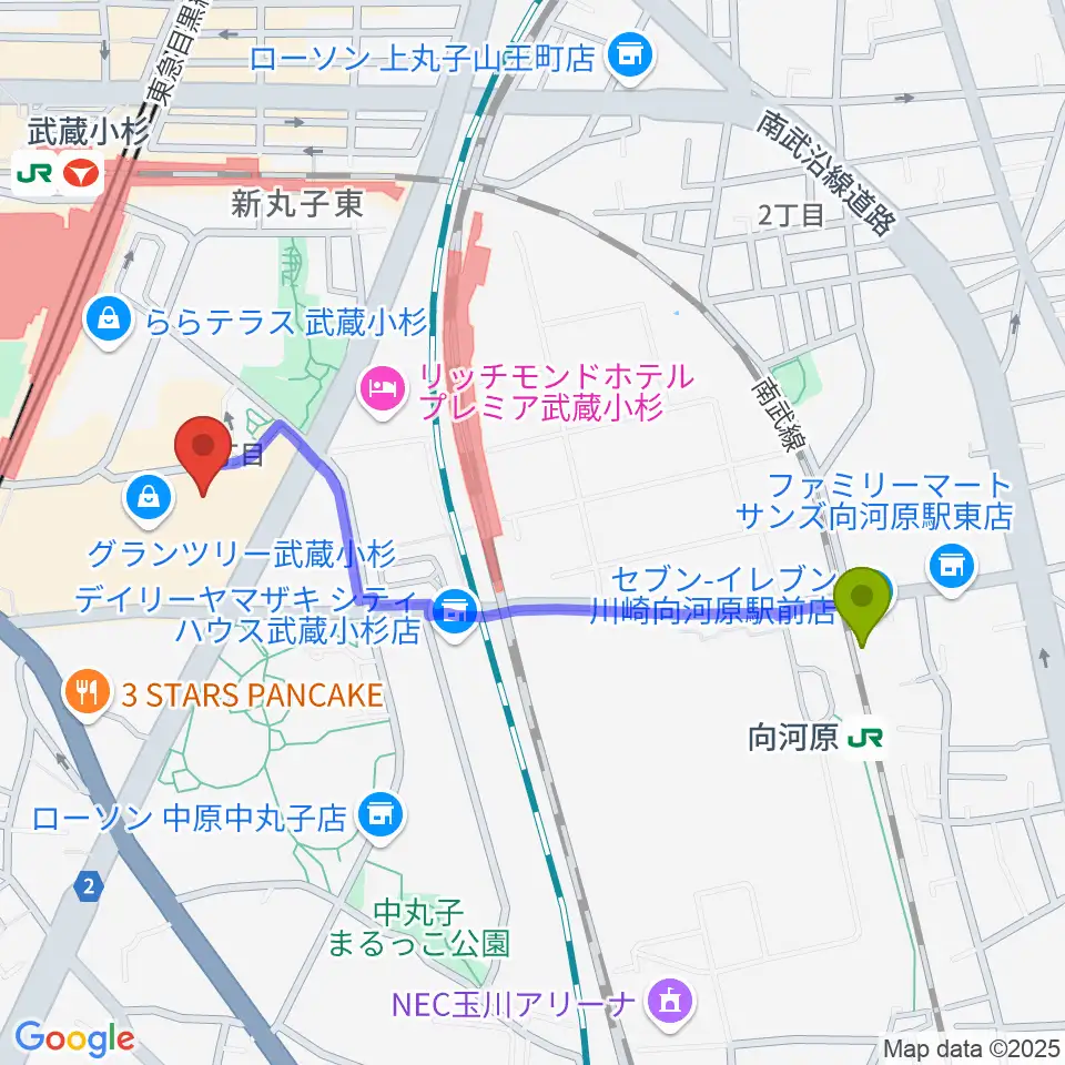 向河原駅からタワーレコード グランツリー武蔵小杉店へのルートマップ地図