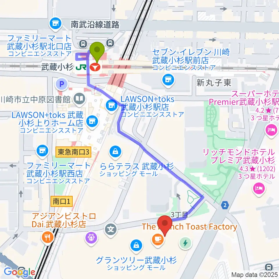 タワーレコード グランツリー武蔵小杉店の最寄駅武蔵小杉駅からの徒歩ルート（約5分）地図