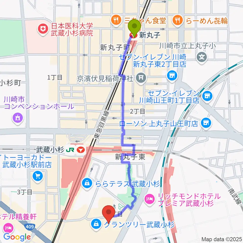 新丸子駅からタワーレコード グランツリー武蔵小杉店へのルートマップ地図