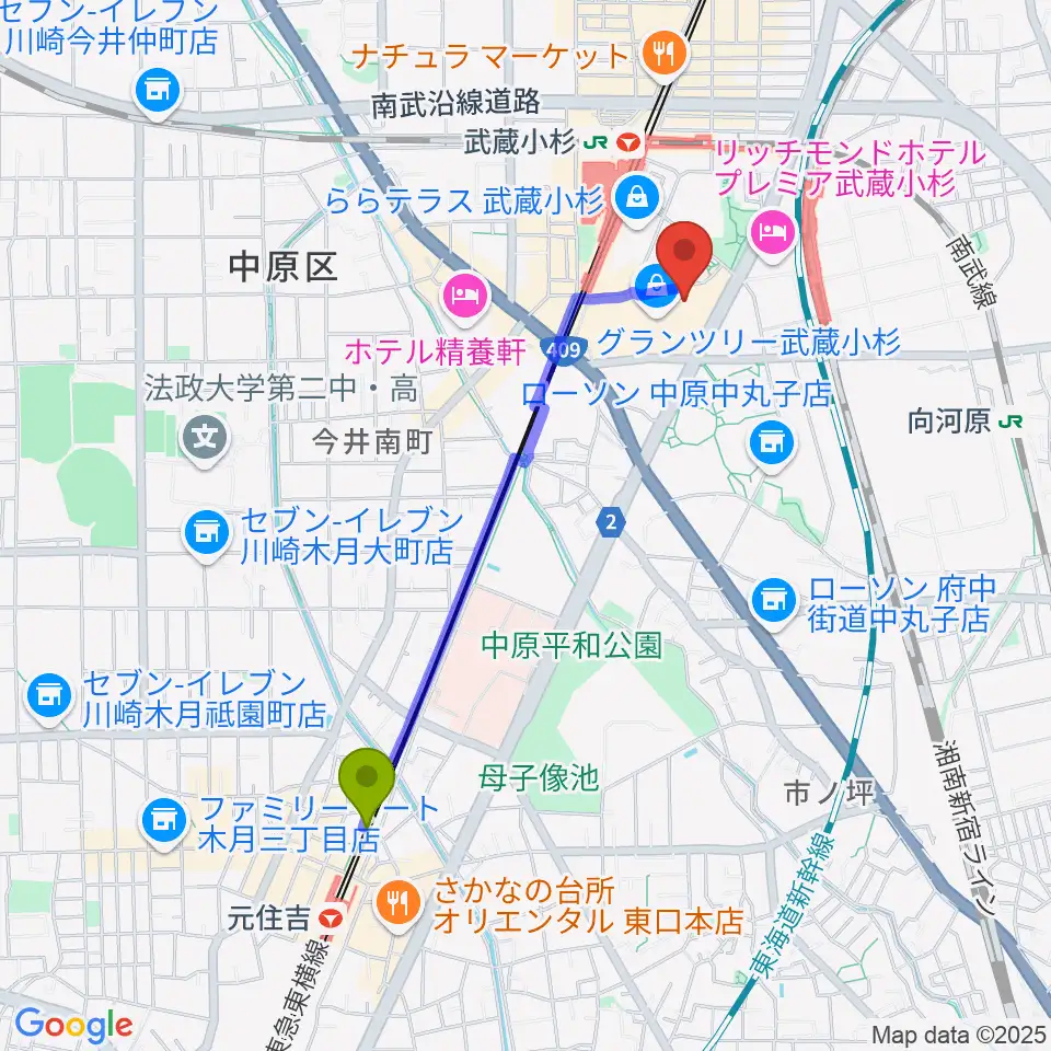 元住吉駅からタワーレコード グランツリー武蔵小杉店へのルートマップ地図