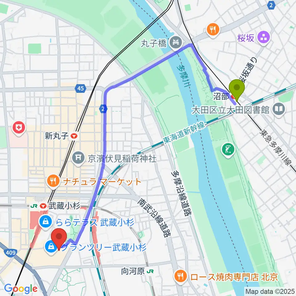 沼部駅からタワーレコード グランツリー武蔵小杉店へのルートマップ地図