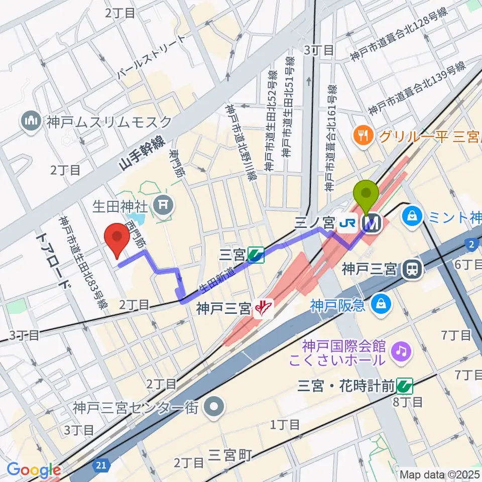 神戸Brothers and Sistersの最寄駅三ノ宮駅からの徒歩ルート（約8分）地図