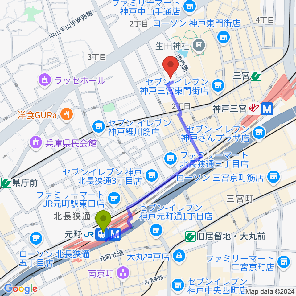 元町駅から神戸Brothers and Sistersへのルートマップ地図