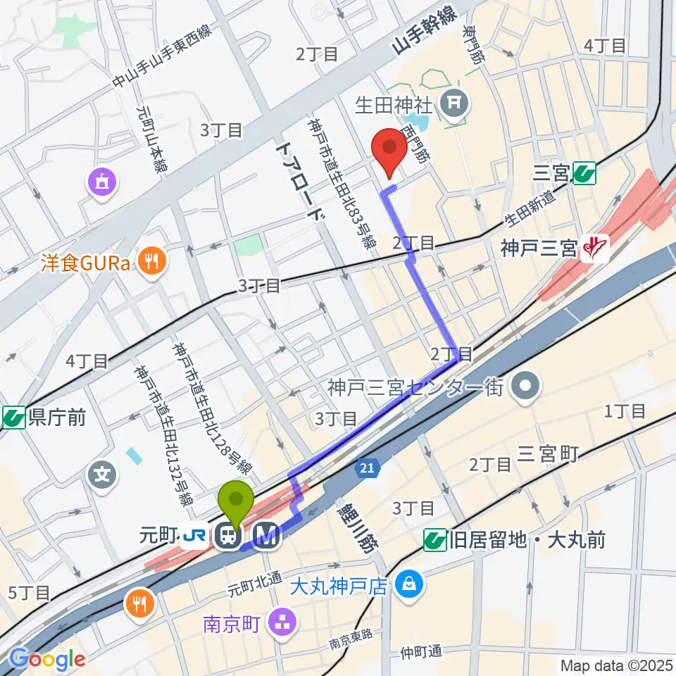 元町駅から神戸Brothers and Sistersへのルートマップ地図