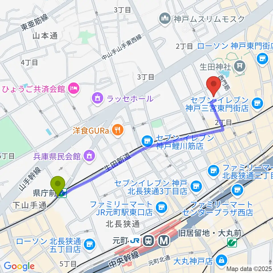 県庁前駅から神戸Brothers and Sistersへのルートマップ地図