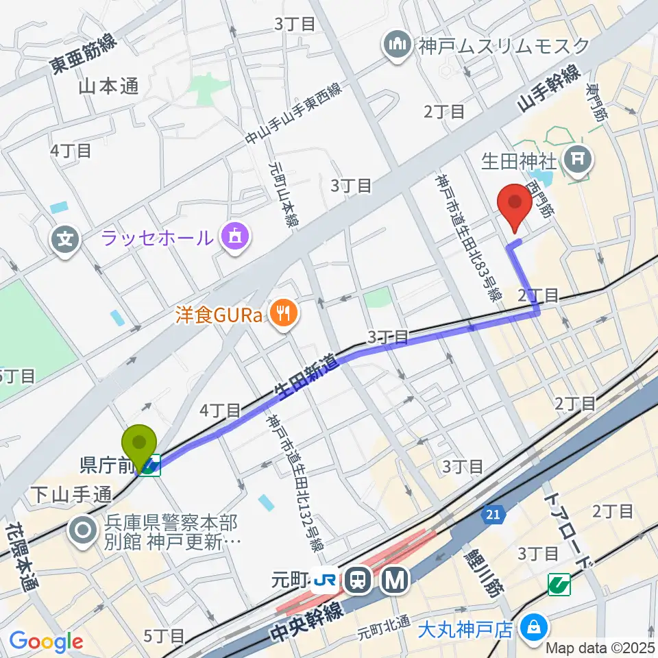 県庁前駅から神戸Brothers and Sistersへのルートマップ地図