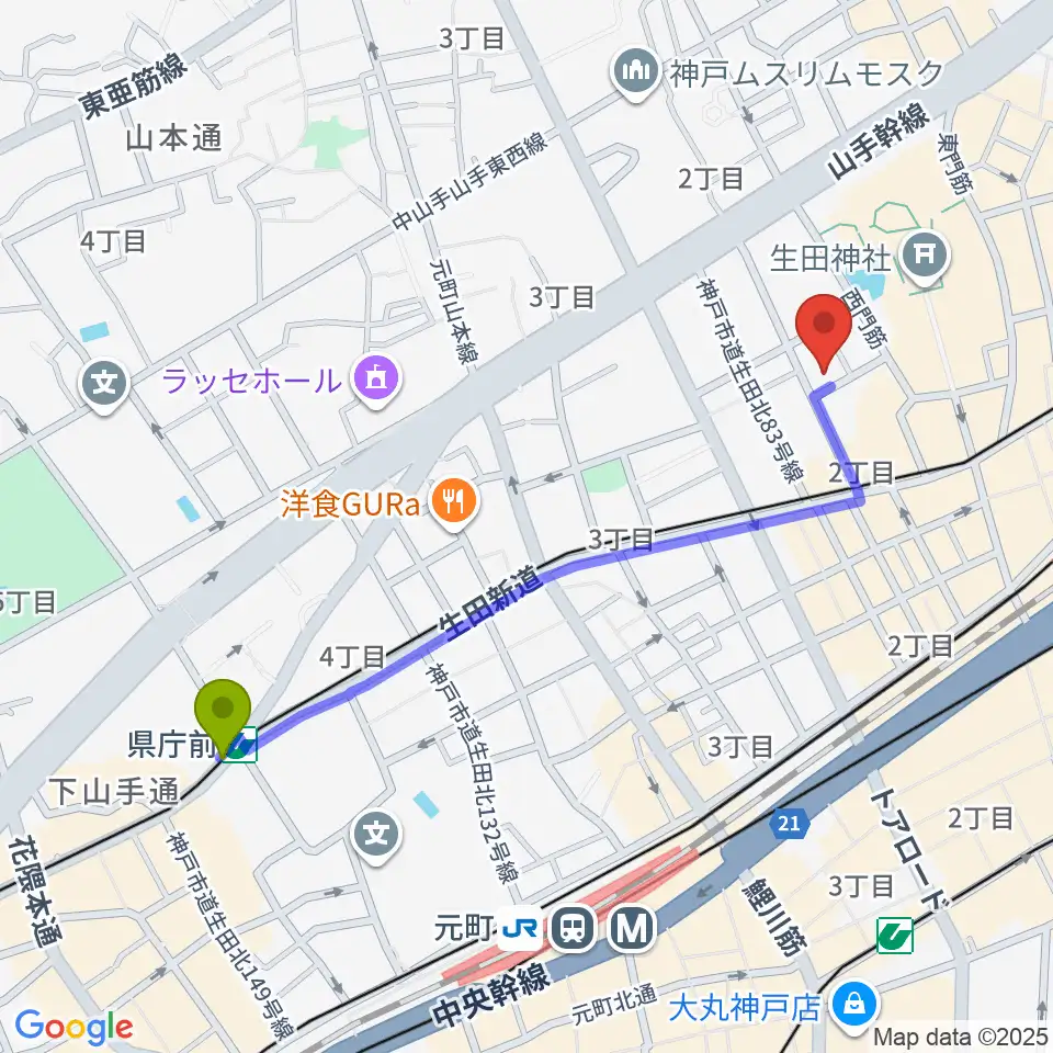 県庁前駅から神戸Brothers and Sistersへのルートマップ地図