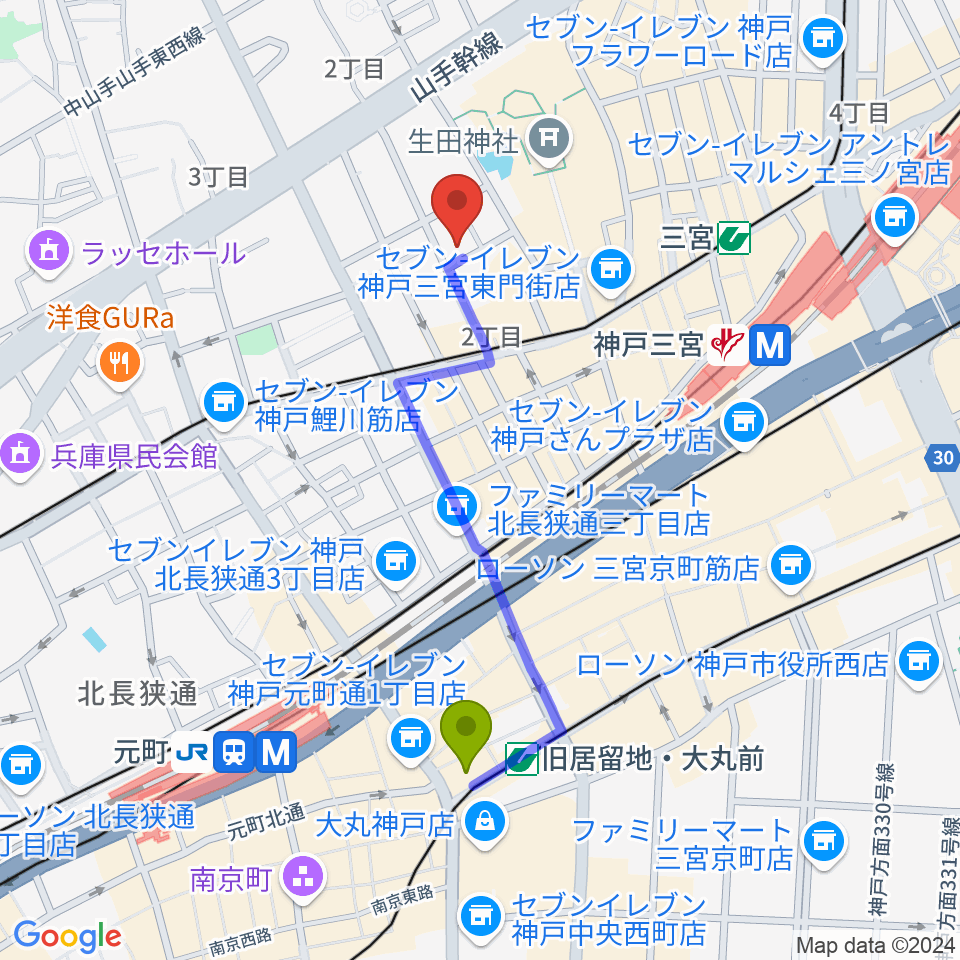 旧居留地・大丸前駅から神戸Brothers and Sistersへのルートマップ地図