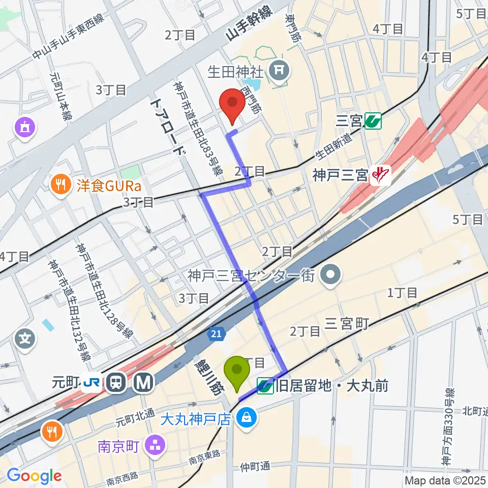 旧居留地・大丸前駅から神戸Brothers and Sistersへのルートマップ地図