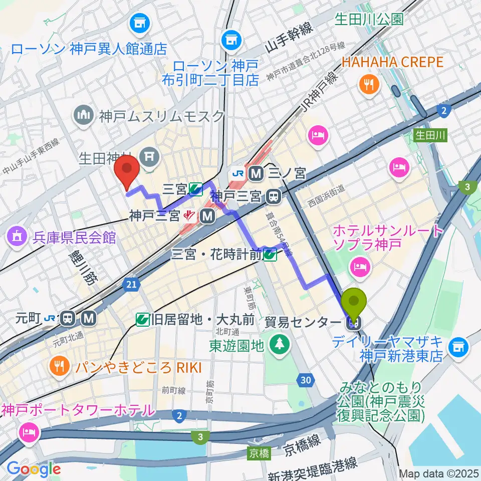貿易センター駅から神戸Brothers and Sistersへのルートマップ地図