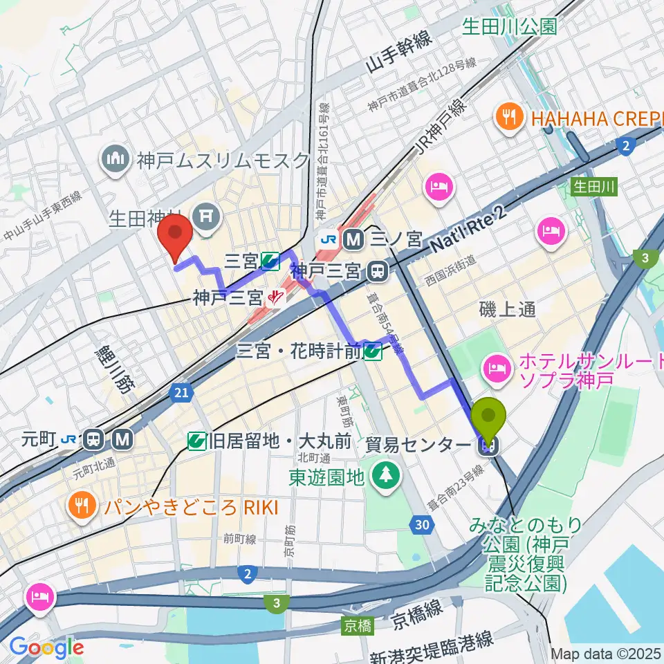 貿易センター駅から神戸Brothers and Sistersへのルートマップ地図