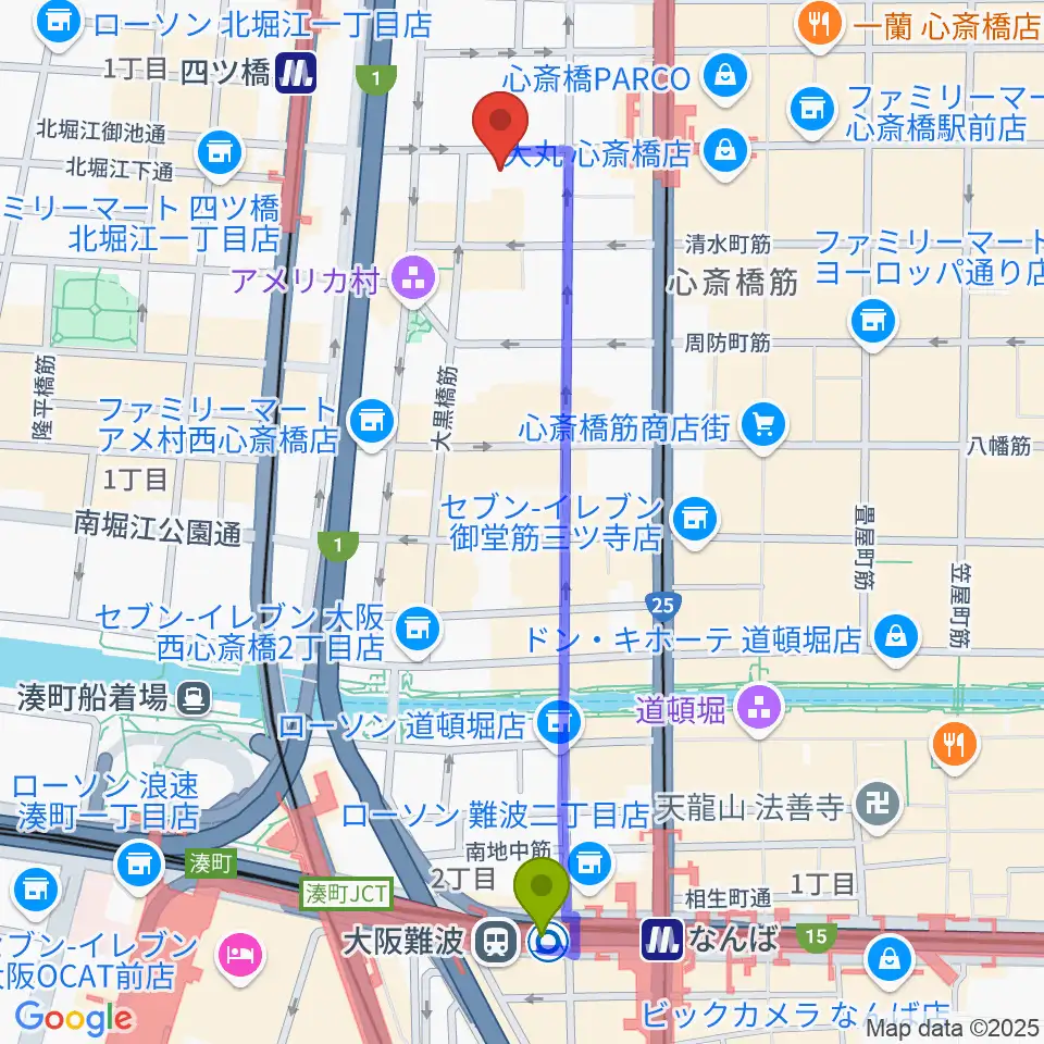 大阪難波駅からレコードショップ rare grooveへのルートマップ地図