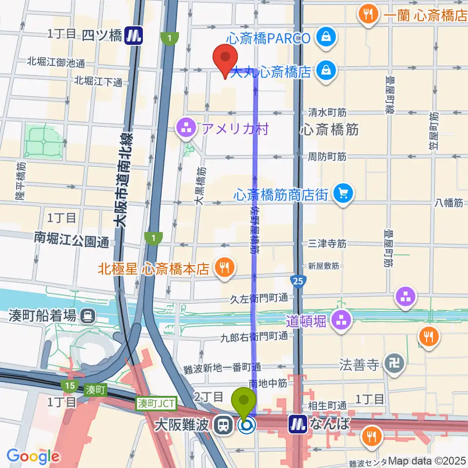 大阪難波駅からレコードショップ rare grooveへのルートマップ地図