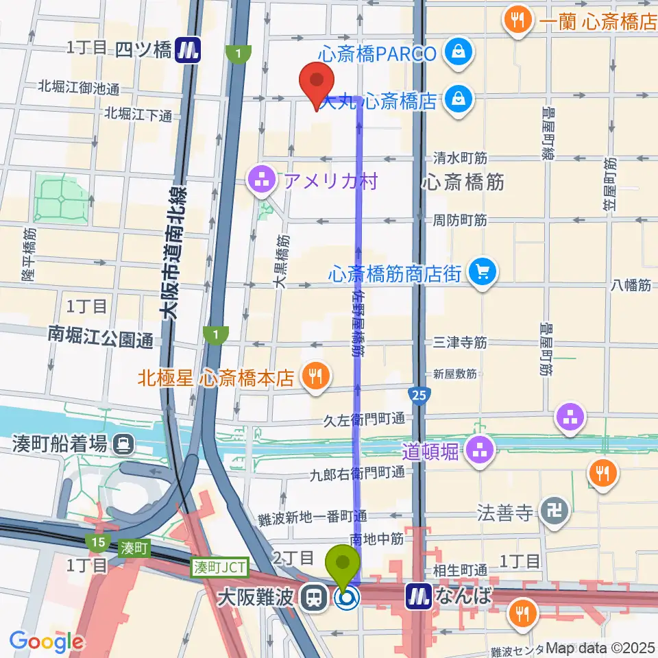 大阪難波駅からレコードショップ rare grooveへのルートマップ地図