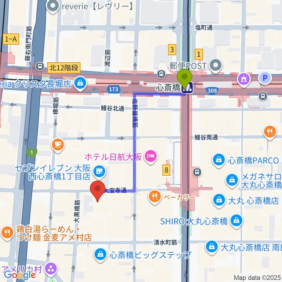 心斎橋駅からレコードショップ rare grooveへのルートマップ地図