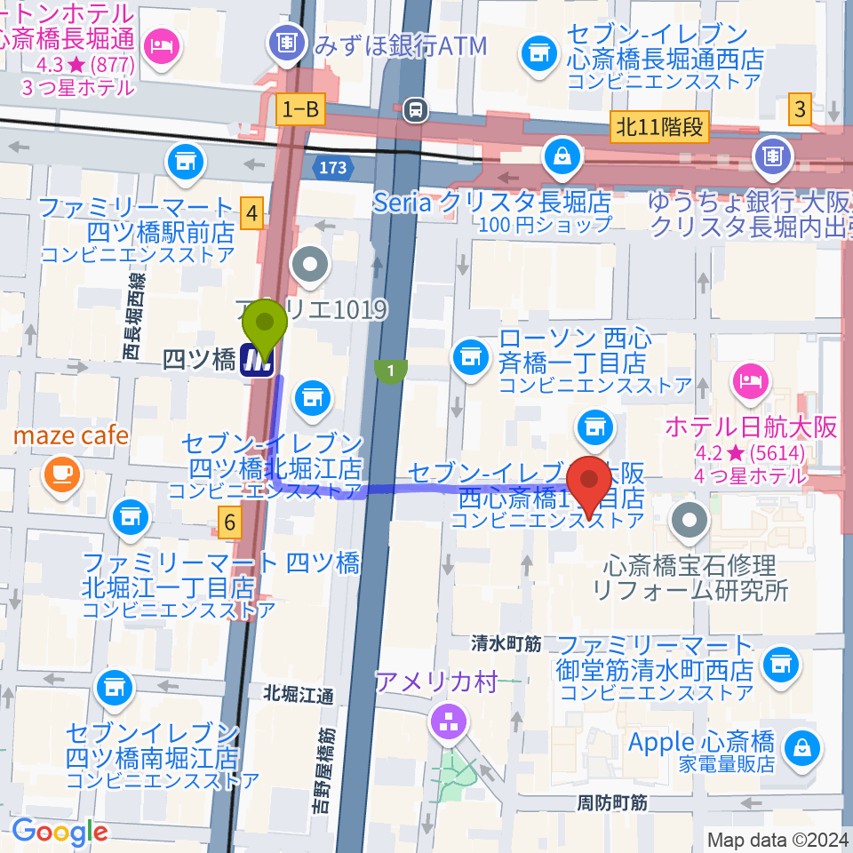 レコードショップ rare grooveの最寄駅四ツ橋駅からの徒歩ルート（約3分）地図