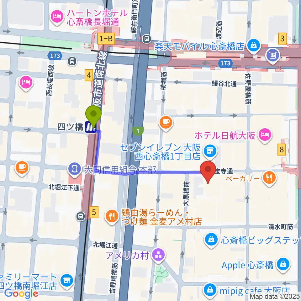 レコードショップ rare grooveの最寄駅四ツ橋駅からの徒歩ルート（約3分）地図