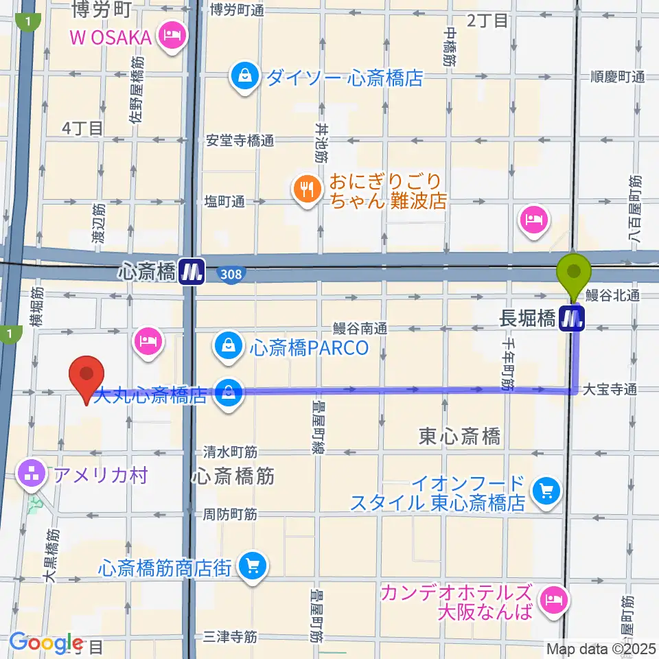 長堀橋駅からレコードショップ rare grooveへのルートマップ地図