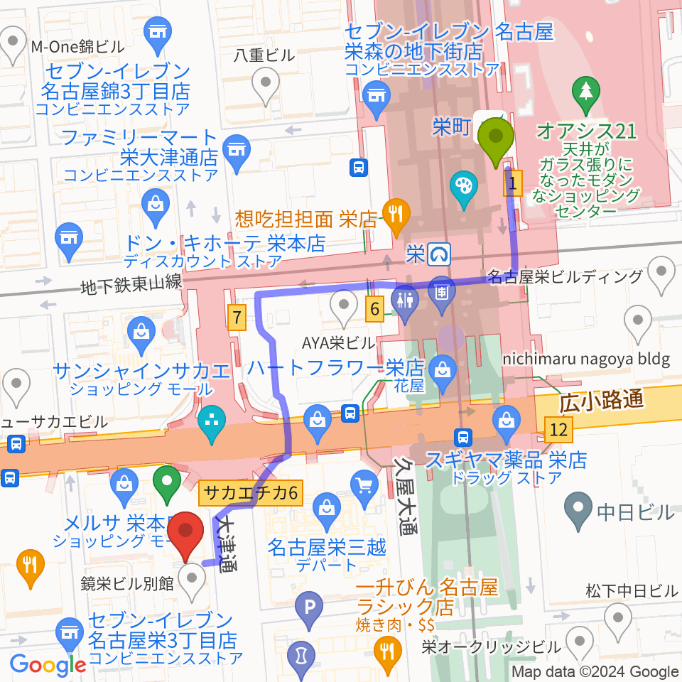 HMV栄の最寄駅栄町駅からの徒歩ルート（約6分）地図