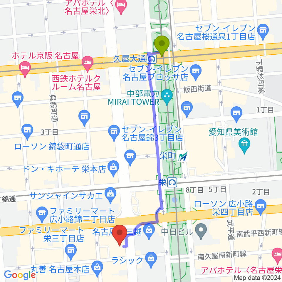 久屋大通駅からHMV栄へのルートマップ地図