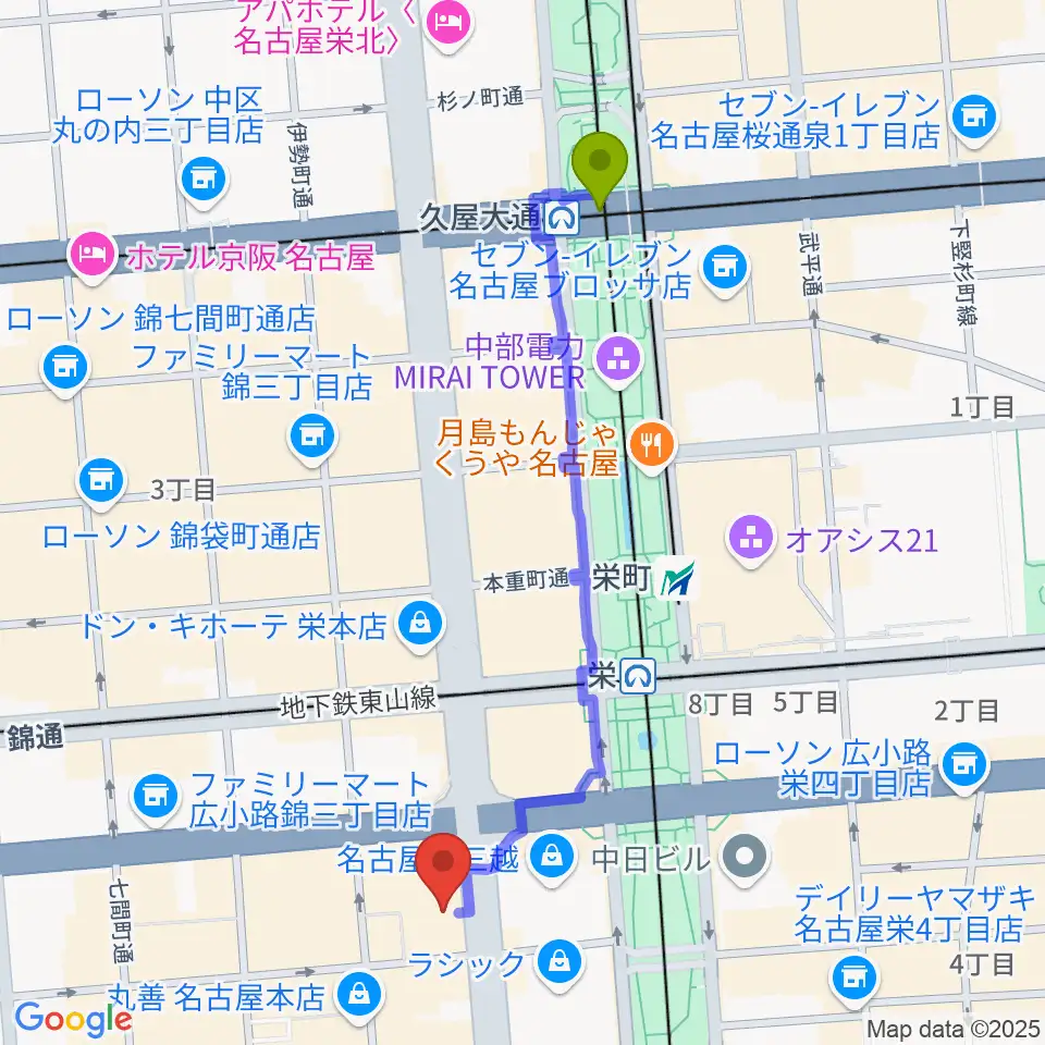 久屋大通駅からHMV栄へのルートマップ地図
