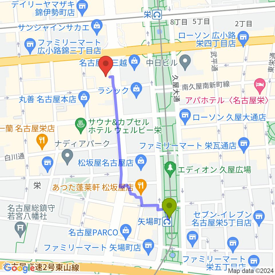 矢場町駅からHMV栄へのルートマップ地図