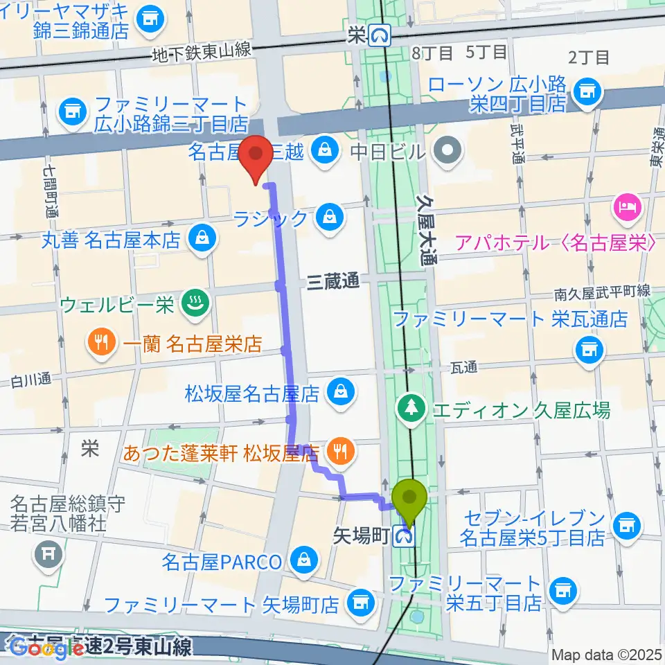 矢場町駅からHMV栄へのルートマップ地図