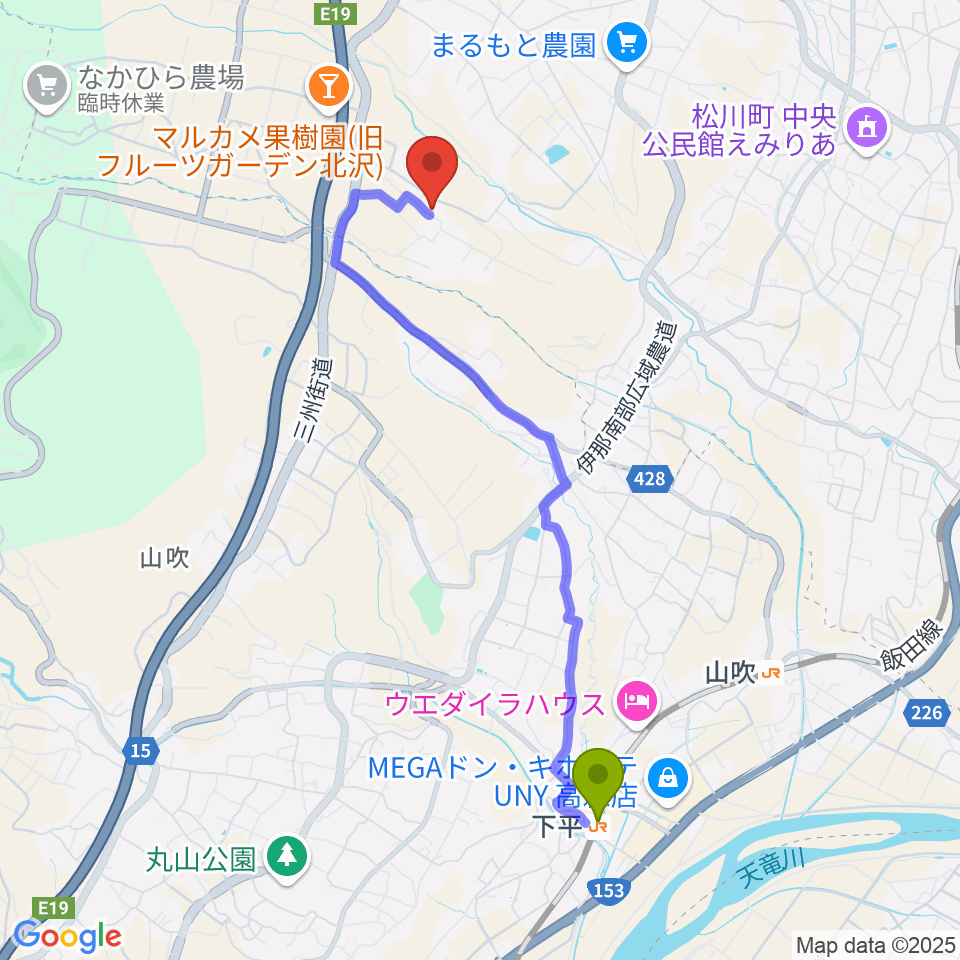 下平駅からMstudio エムスタへのルートマップ地図