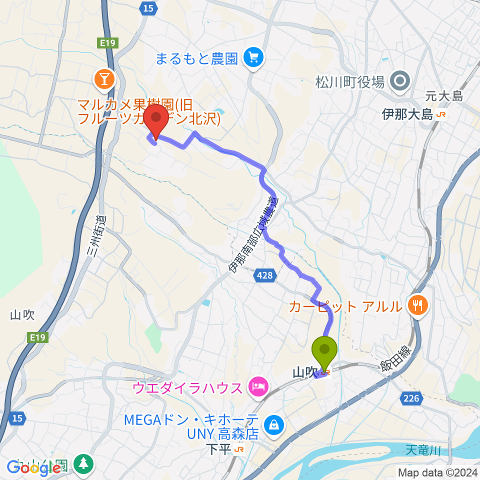 山吹駅からMstudio エムスタへのルートマップ地図