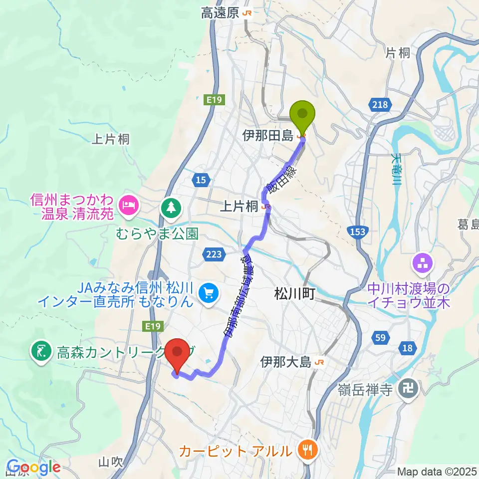 伊那田島駅からMstudio エムスタへのルートマップ地図