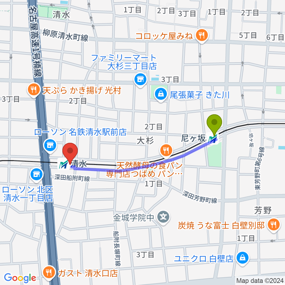 尼ヶ坂駅からSTIFF SLACKへのルートマップ地図