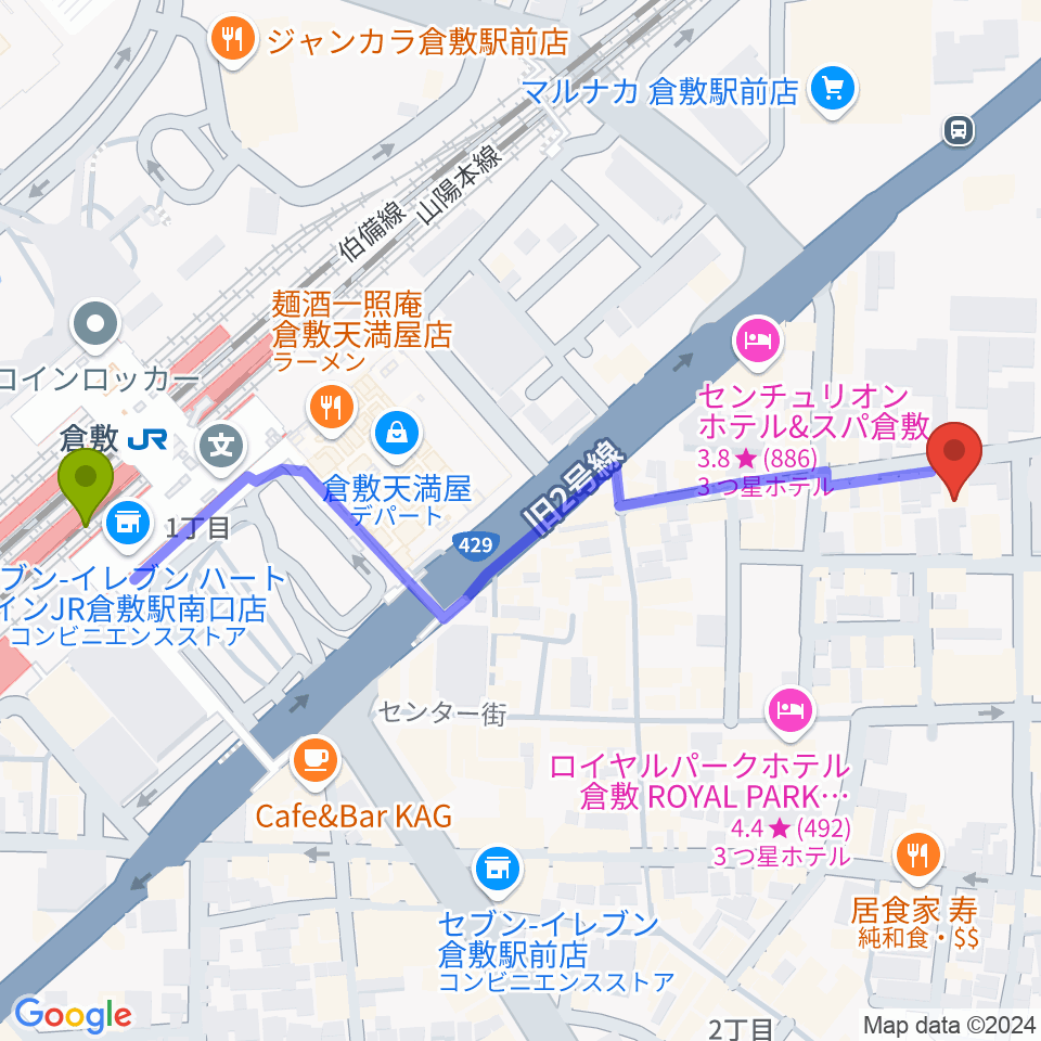 ガーデンオブディライトの最寄駅倉敷駅からの徒歩ルート（約7分）地図