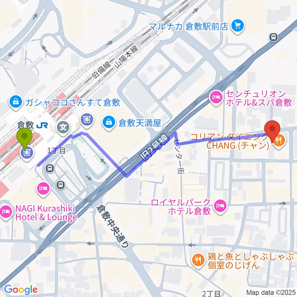 ガーデンオブディライトの最寄駅倉敷駅からの徒歩ルート（約7分）地図