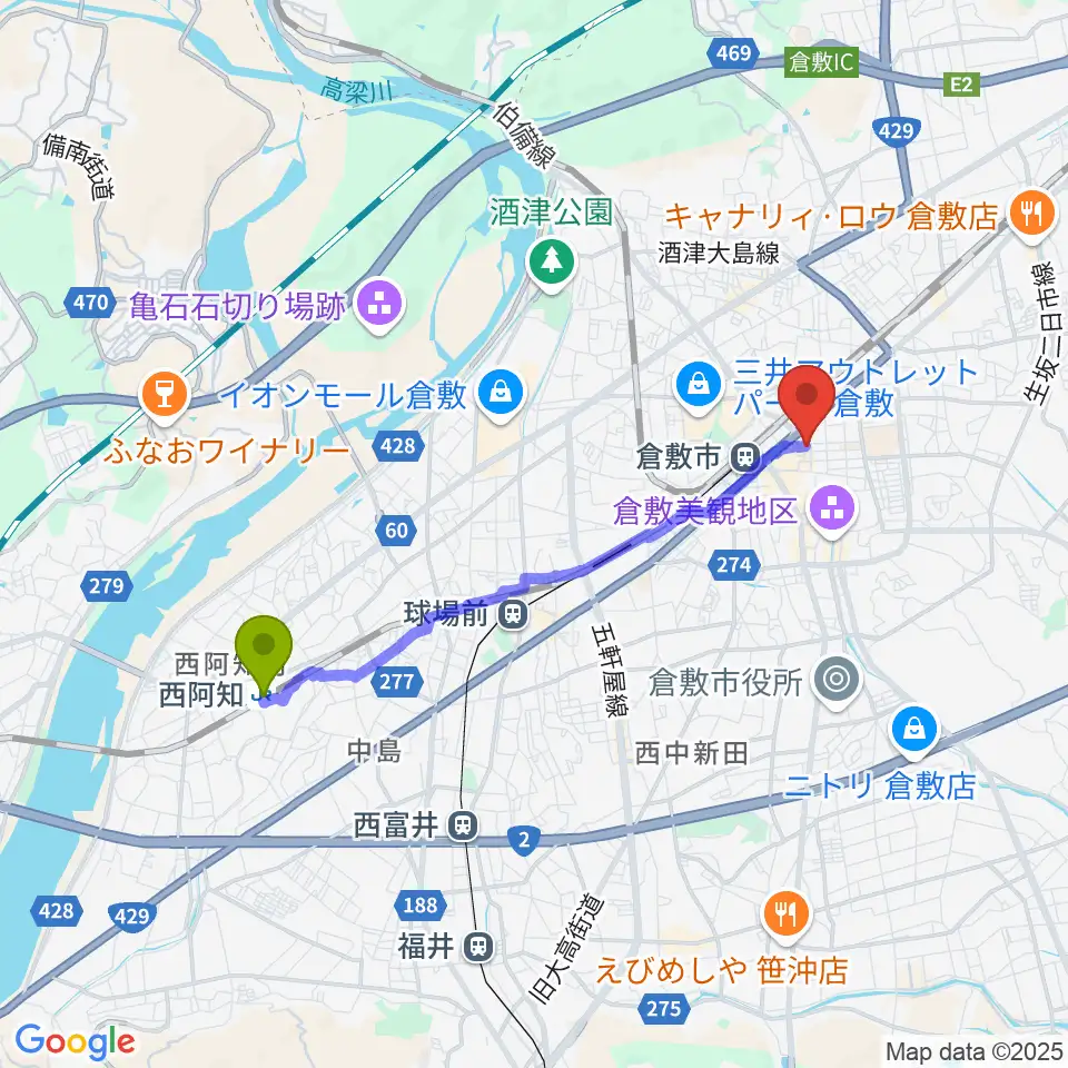 西阿知駅からガーデンオブディライトへのルートマップ地図