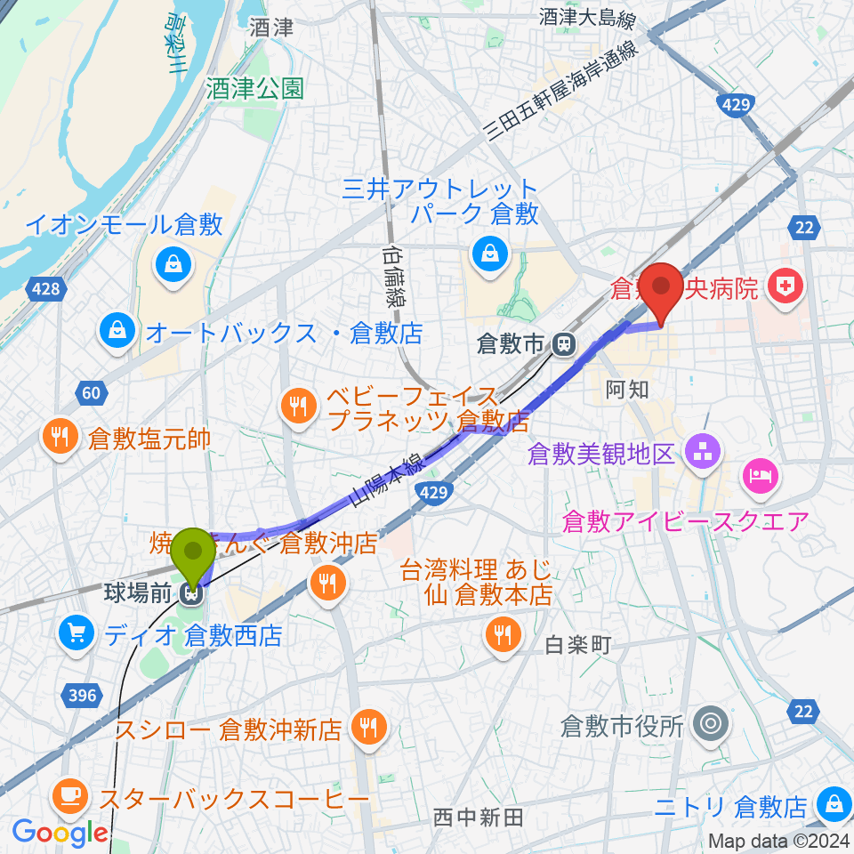 球場前駅からガーデンオブディライトへのルートマップ地図