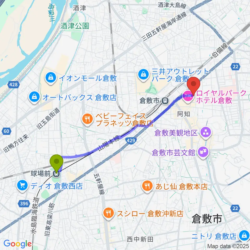 球場前駅からガーデンオブディライトへのルートマップ地図