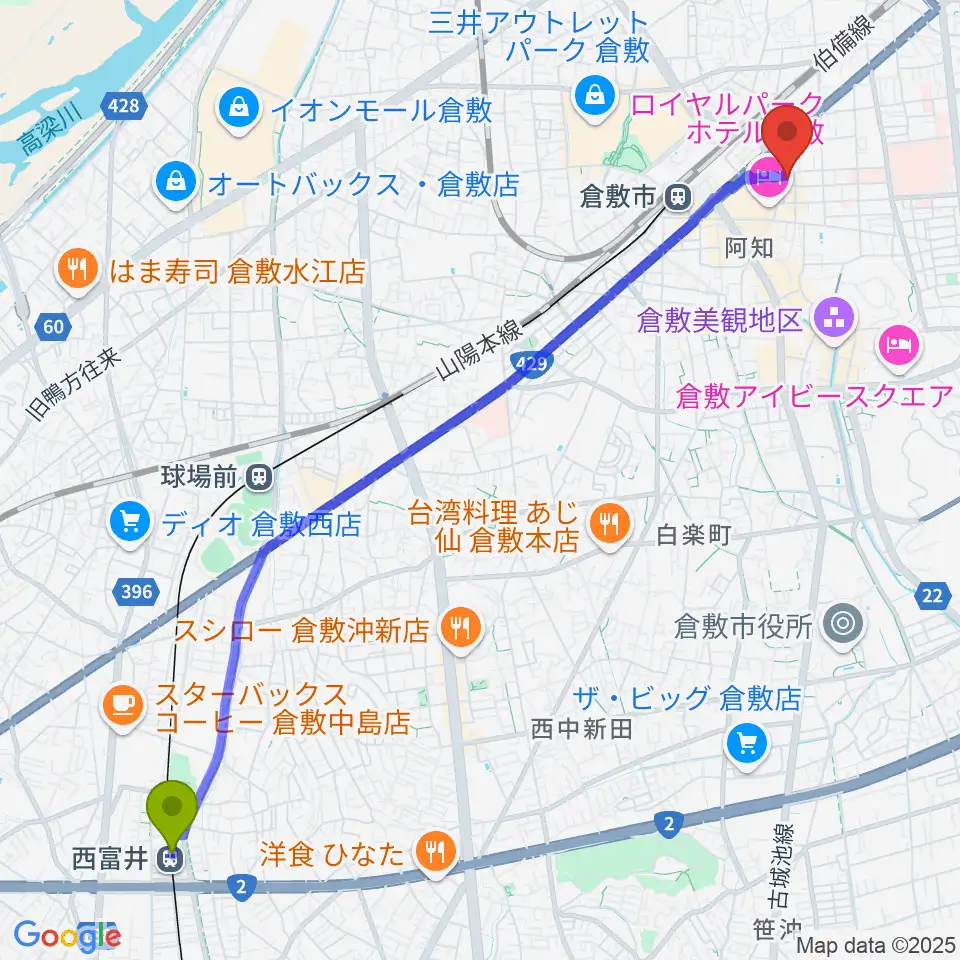 西富井駅からガーデンオブディライトへのルートマップ地図