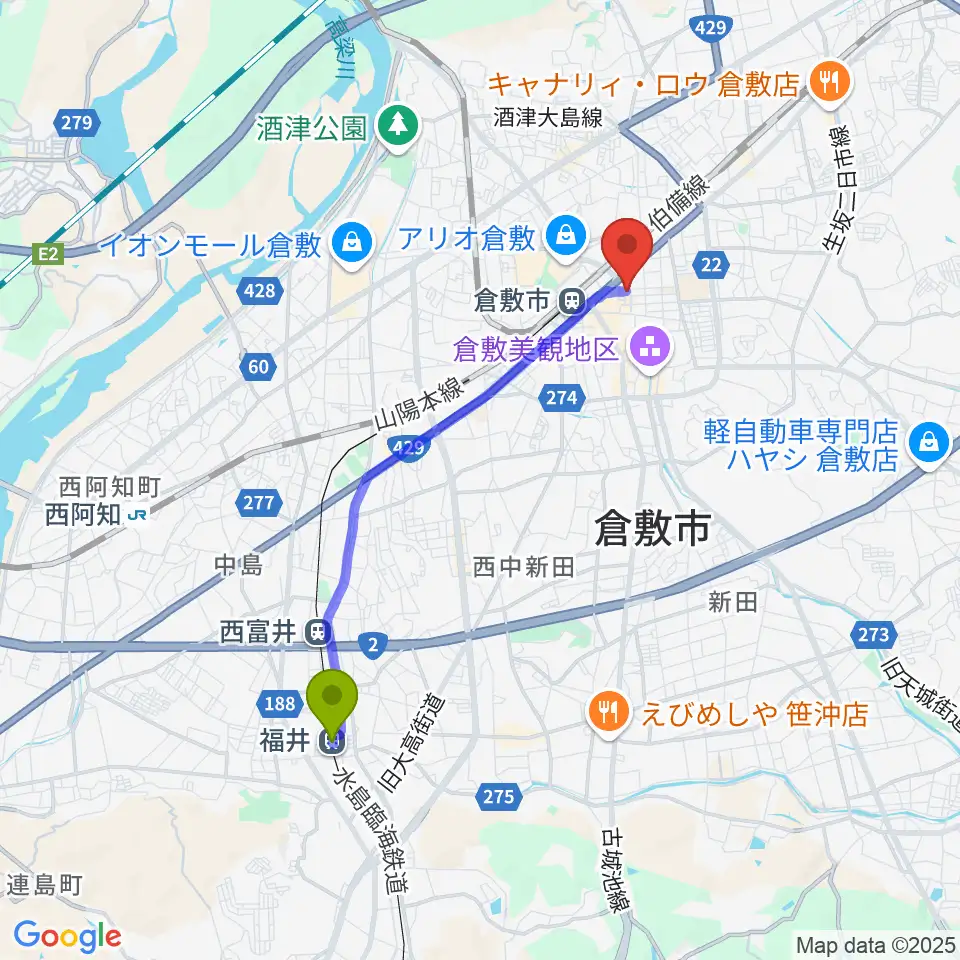 福井駅からガーデンオブディライトへのルートマップ地図
