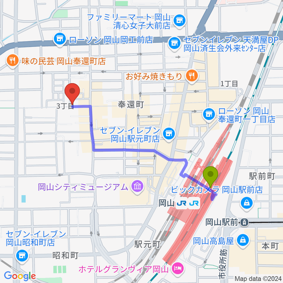 MEDEL MUSICの最寄駅岡山駅からの徒歩ルート（約9分）地図