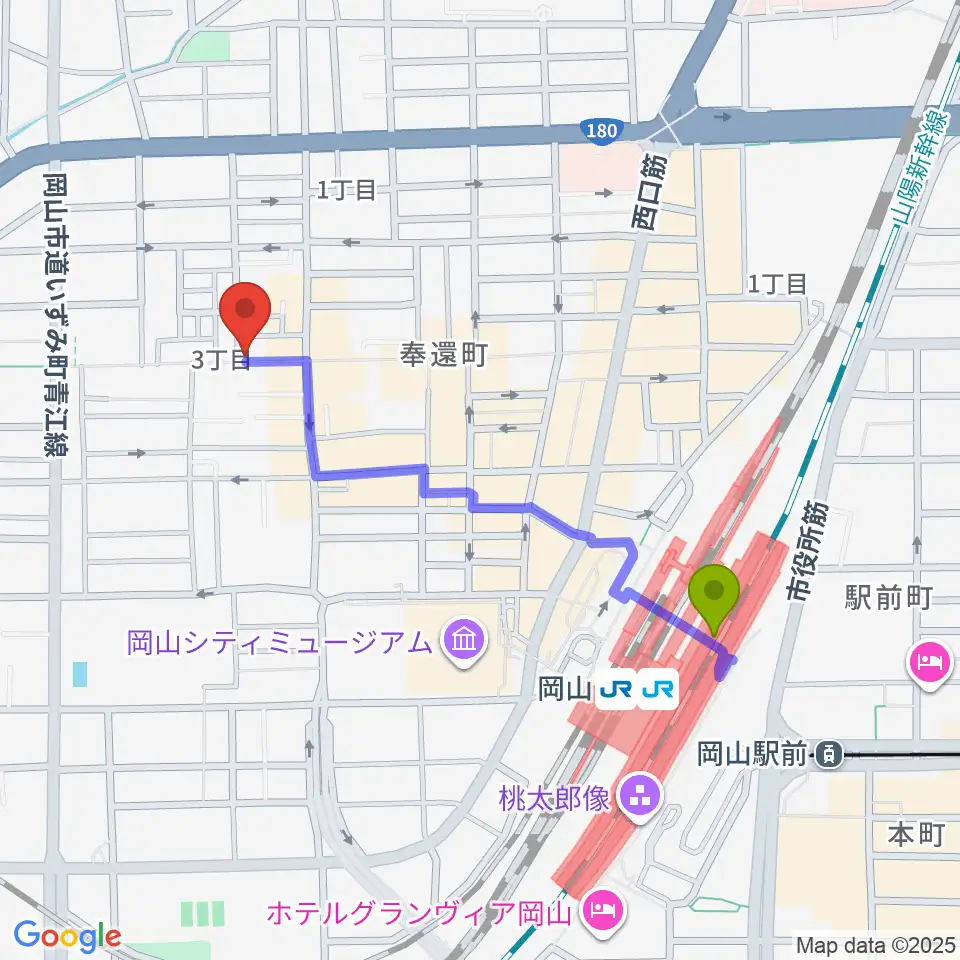 MEDEL MUSICの最寄駅岡山駅からの徒歩ルート（約9分）地図