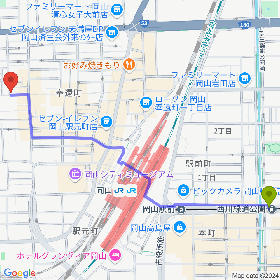 西川緑道公園駅からMEDEL MUSICへのルートマップ地図