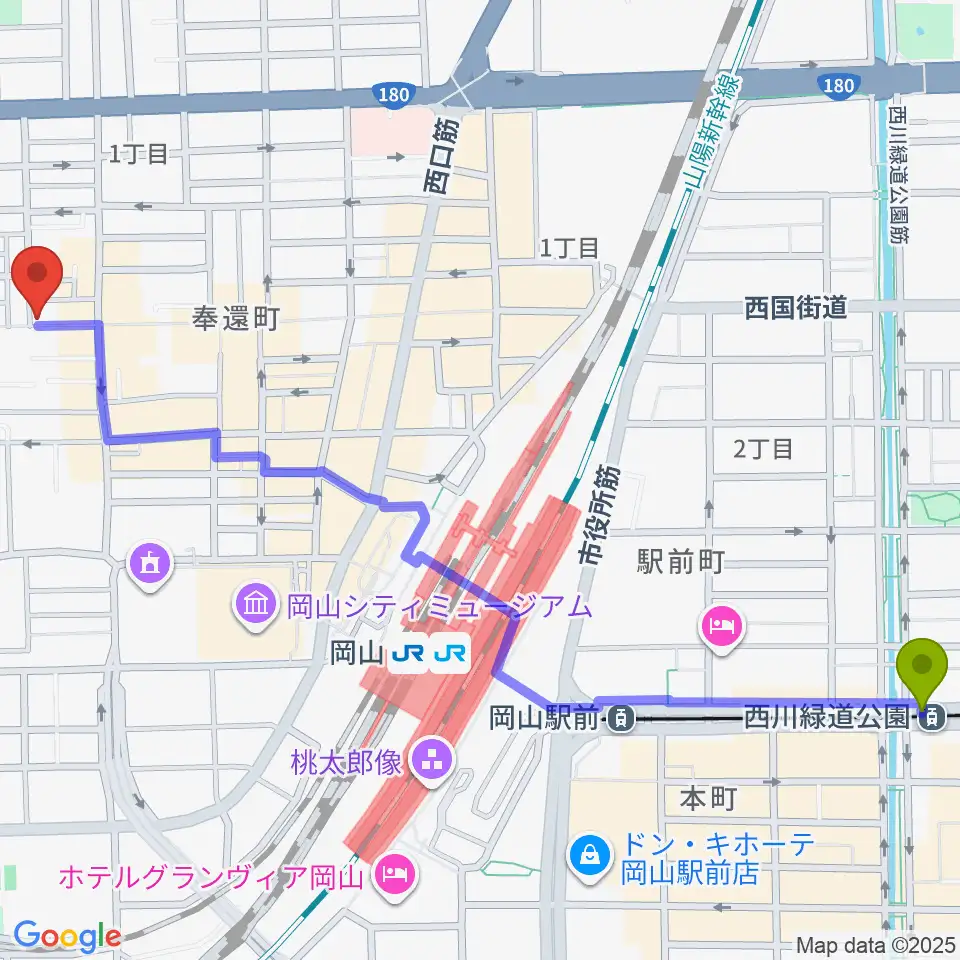西川緑道公園駅からMEDEL MUSICへのルートマップ地図