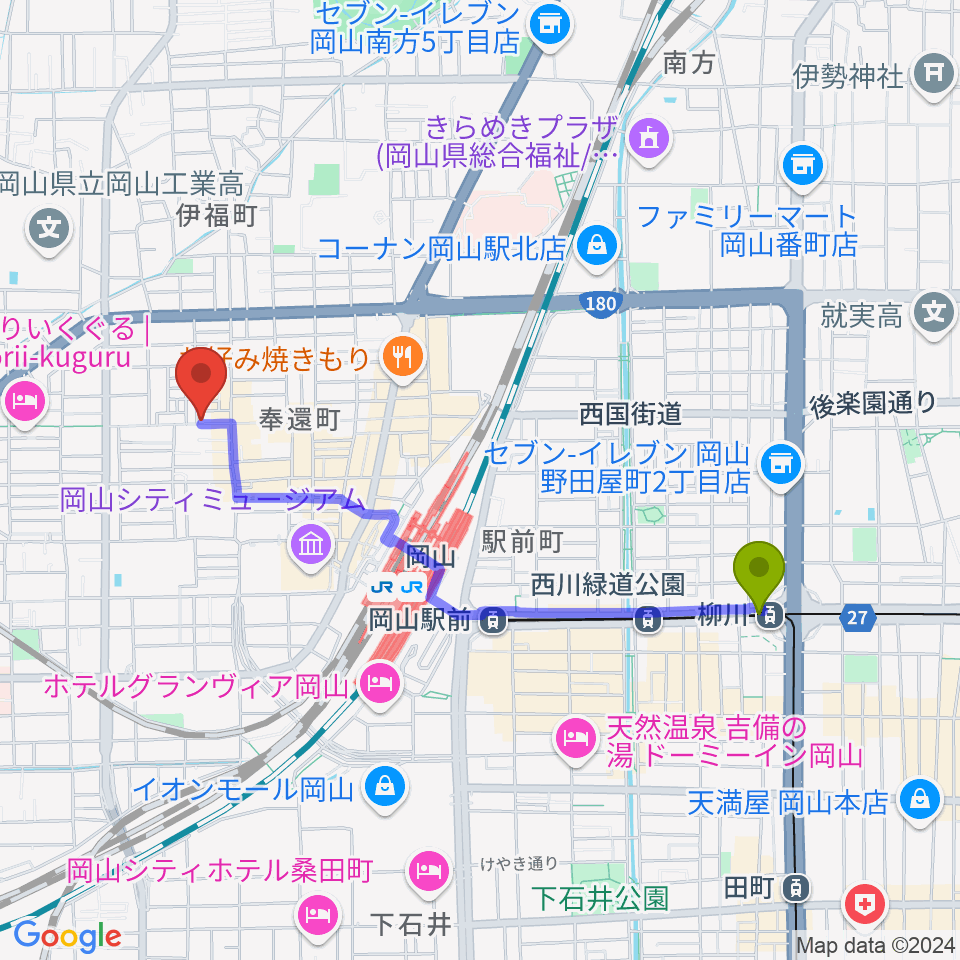 柳川駅からMEDEL MUSICへのルートマップ地図