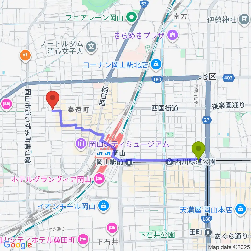 柳川駅からMEDEL MUSICへのルートマップ地図