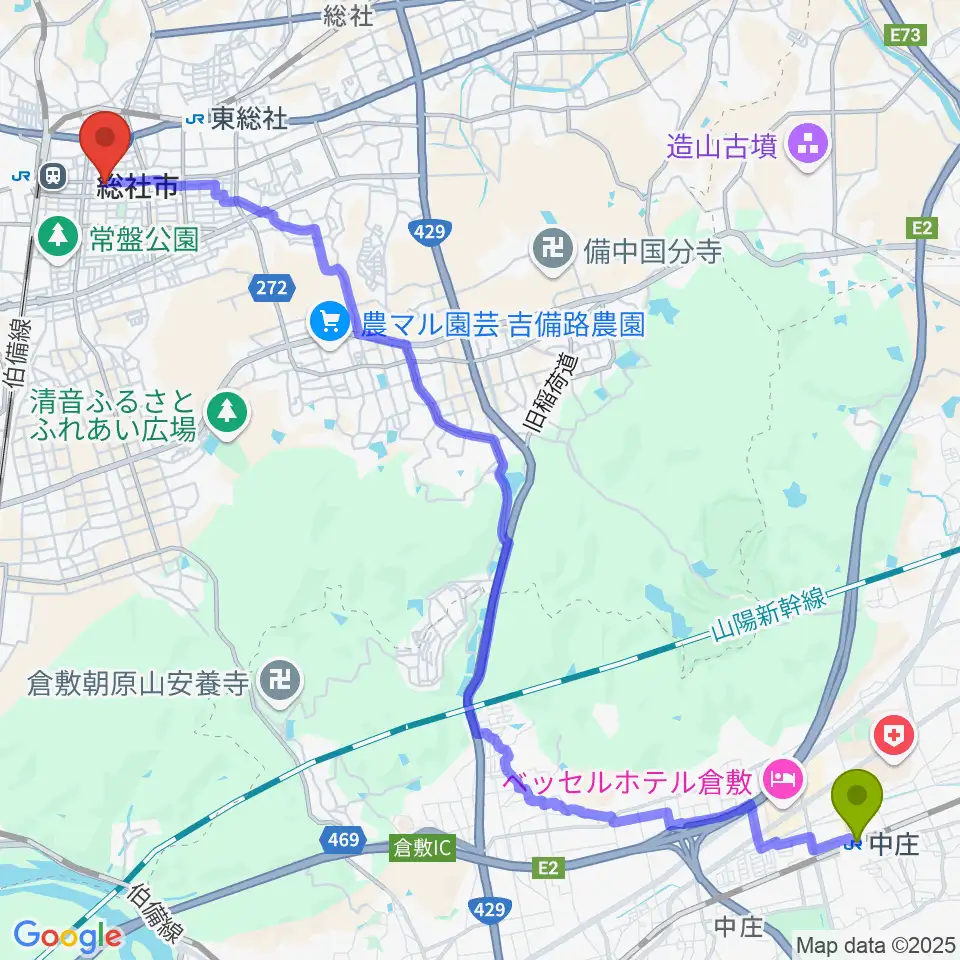 中庄駅からレコード屋 総社店へのルートマップ地図