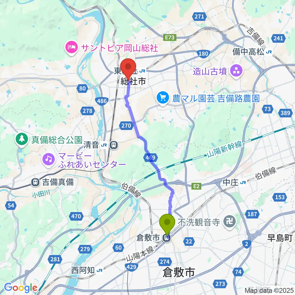 倉敷駅からレコード屋 総社店へのルートマップ地図