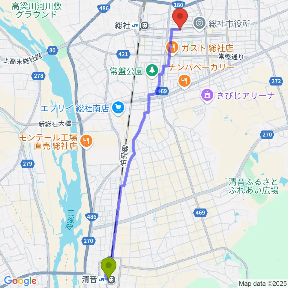 清音駅からレコード屋 総社店へのルートマップ地図